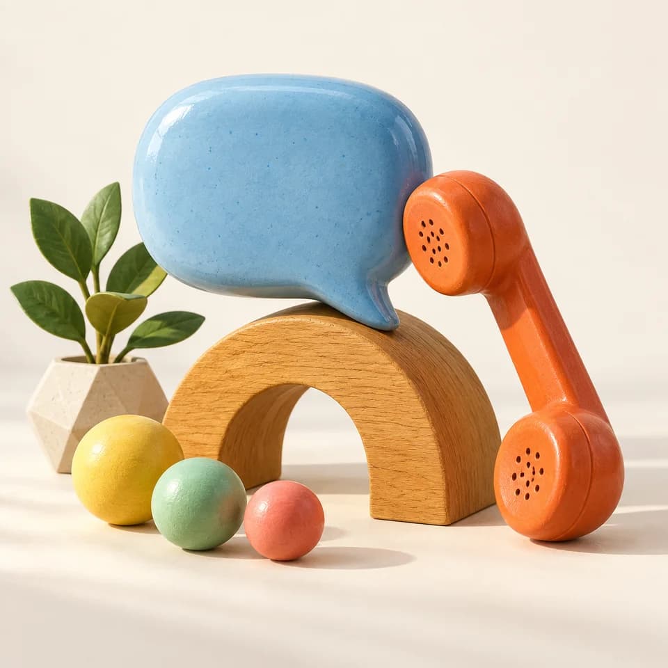 A blue speech bubble and orange telephone balanced on a wooden arch